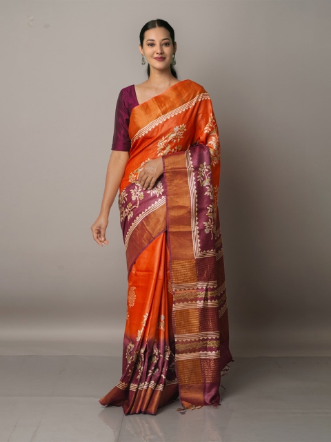 

Unnati Silks Orange Pure Handloom Bengal Tussar Silk Saree