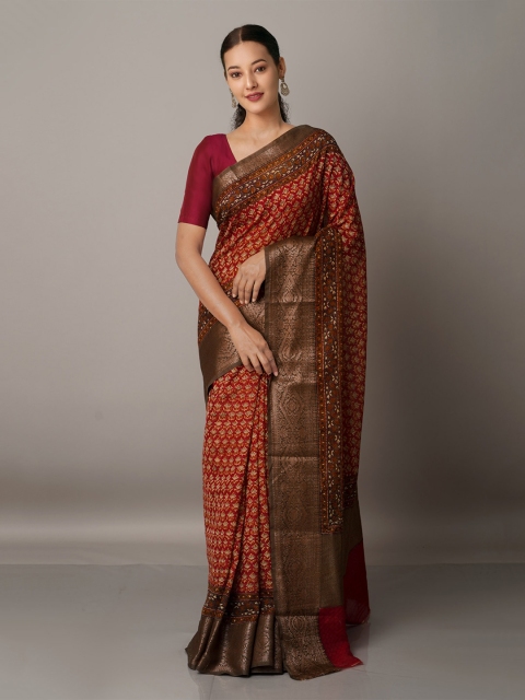 

Unnati Silks Red Block Printed Maheshwari Sico Saree