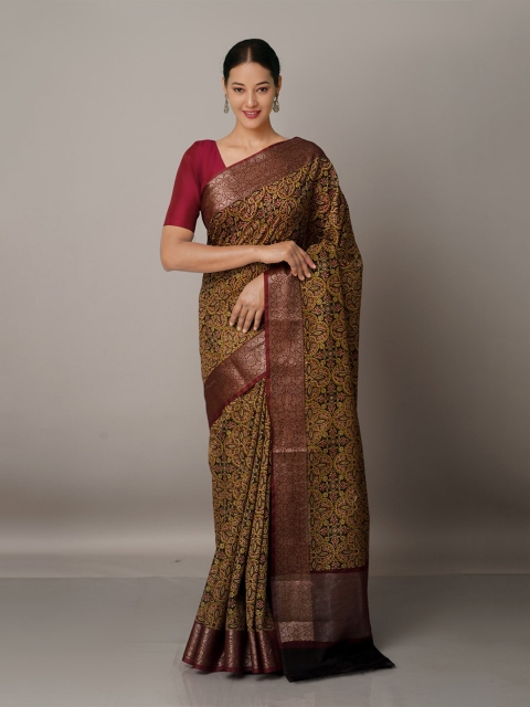 

Unnati Silks Maroon Ajrakh Printed Maheshwari Sico Saree