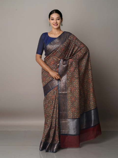 

Unnati Silks Grey Ajrakh Printed Maheshwari Sico Saree, Red
