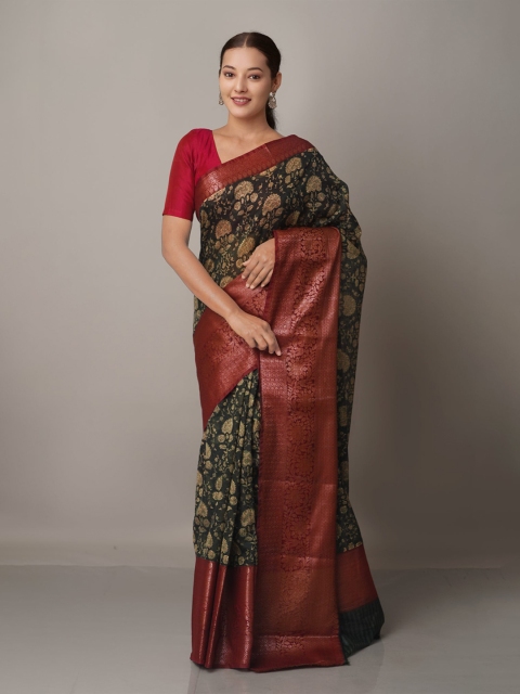 

Unnati Silks Green Block Printed Maheshwari Sico Saree