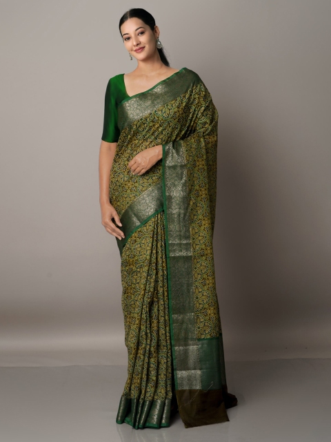 

Unnati Silks Green Ajrakh Printed Maheshwari Sico Saree