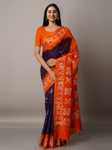 

Unnati Silks Navy Blue & Orange Batik Zari Pure Silk Chanderi Saree