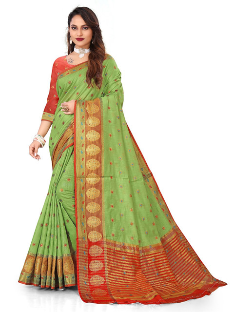 

Rivana Light Green Woven Pure Cotton Banarasi Saree