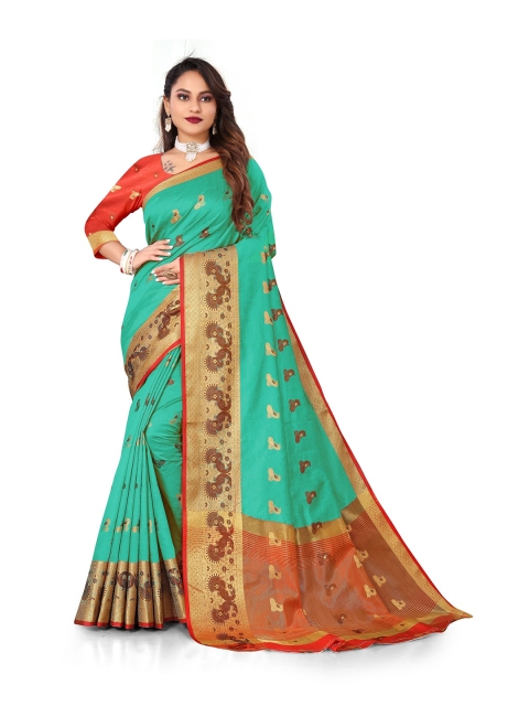 

Rivana Teal & Red Woven Design Zari Art Silk Banarasi Saree