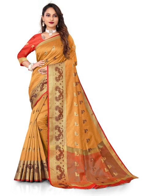 

Rivana Mustard & Gold-Toned Woven Design Zari Art Silk Banarasi Saree