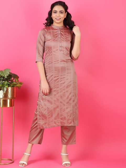 

V TRADITION Women Brown Striped Chanderi Silk Kurta with Trousers