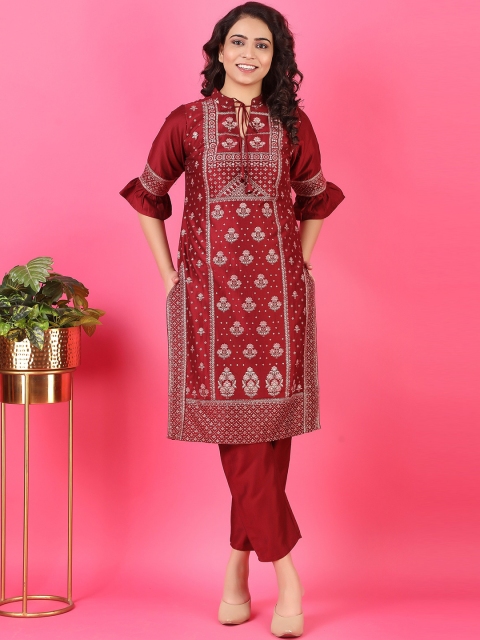 

V TRADITION Women Maroon Ethnic Motifs Printed Kurta with Trouser Set