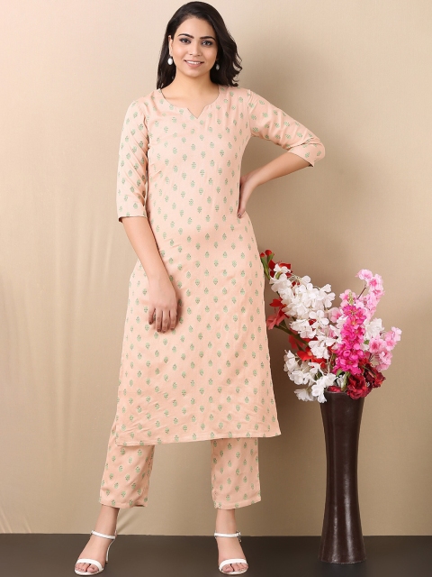 

V TRADITION Women Beige Printed Kurta with Trousers