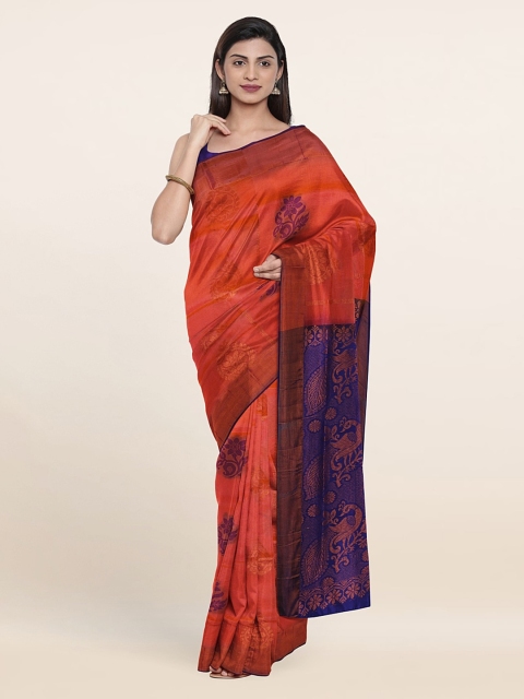

Pothys Peach-Coloured & Blue Woven Design Zari Pure Silk Saree, Orange