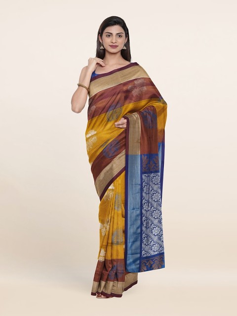 

Pothys Mustard & Blue Ethnic Motifs Zari Pure Silk Saree