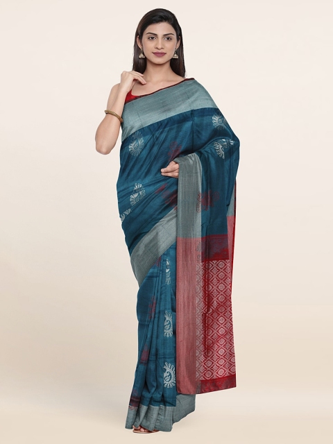 

Pothys Teal & Red Ethnic Motifs Zari Pure Silk Saree