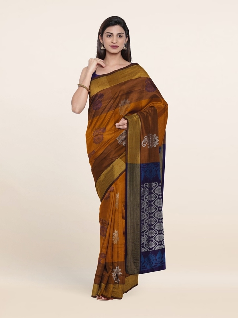 

Pothys Mustard & Blue Ethnic Motifs Zari Pure Silk Saree