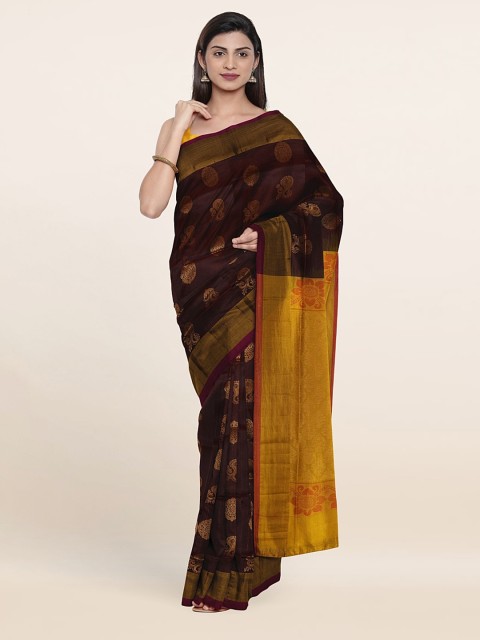 

Pothys Coffee Brown & Mustard Ethnic Motifs Zari Pure Silk Saree