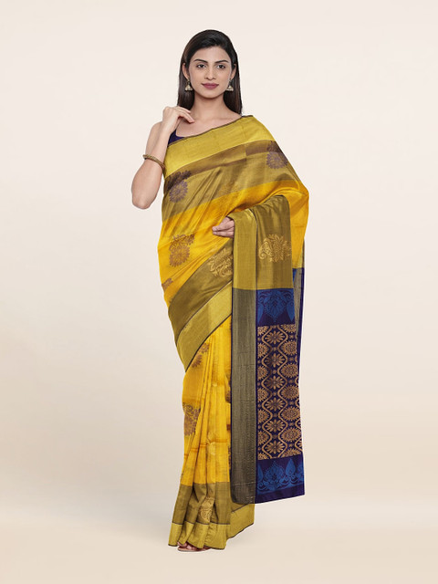 

Pothys Yellow & Blue Ethnic Motifs Zari Pure Silk Saree