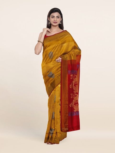 

Pothys Mustard & Red Ethnic Motifs Zari Pure Silk Saree