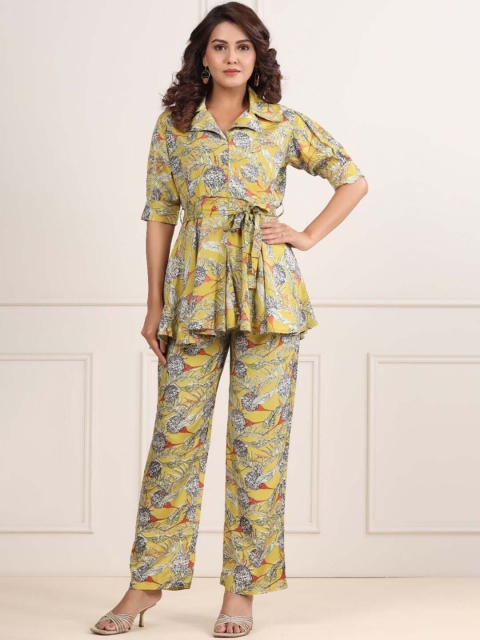 

JISORA Women Yellow Printed Top With Trousers