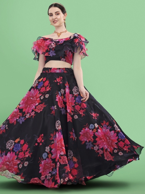 

Fashionuma Black & Red Floral Printed Semi-Stitched Lehenga Choli