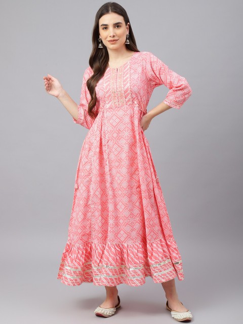 

EtnicaWear Women Red Bandhani Printed Cotton Kurta