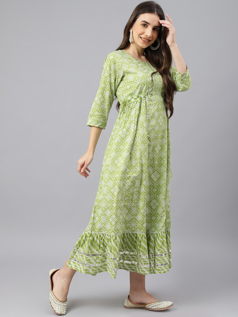 

EtnicaWear Women Ethnic Motifs Printed Pure Cotton Gotta Patti Ethnic Dress, Green