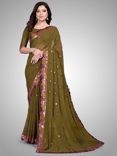 

Granthva Fab Green & Gold-Toned Embellished Sequinned Pure Georgette Saree