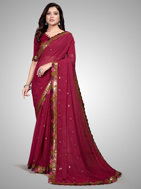 

Granthva Fab Burgundy Embellished Sequinned Pure Georgette Saree