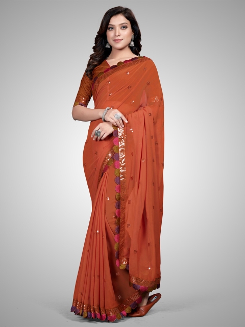 

Granthva Fab Orange & Gold-Toned Embellished Sequinned Pure Georgette Saree