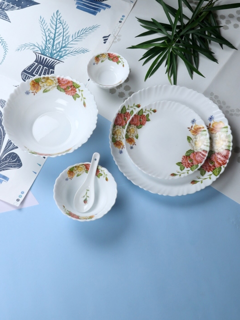 

ceradeco 24 Pieces White & Red Pieces Floral Printed Glass Glossy Dinner Set
