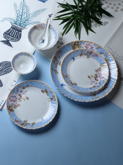 

ceradeco White & Blue 30 Pieces Handcrafted Printed Glass Glossy Dinner Set