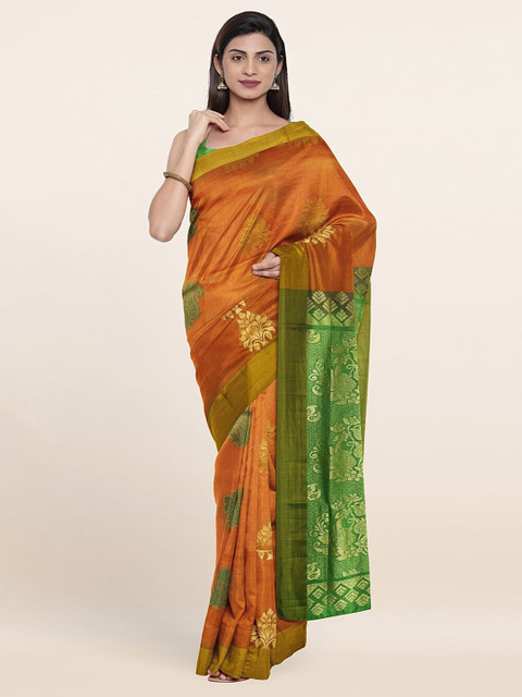 

Pothys Orange & Green Ethnic Motifs Zari Pure Silk Saree