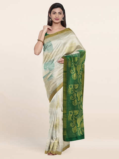 

Pothys Cream-Coloured & Green Ethnic Motifs Zari Pure Silk Saree
