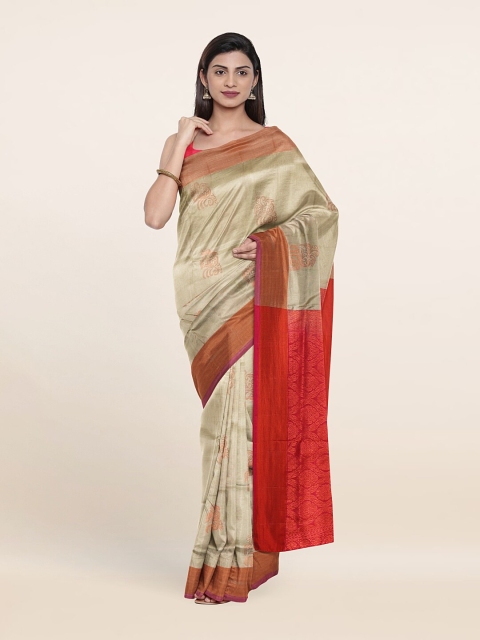 

Pothys Tan & Red Ethnic Motifs Zari Pure Silk Saree