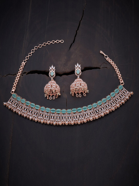 

Kushal's Fashion Jewellery Women Sea Green Rose Gold-Plated Cubic Zirconia Jewellery Set