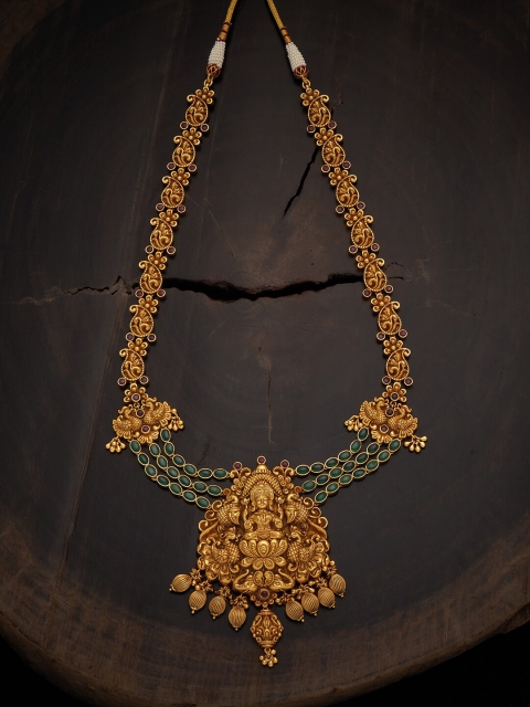 

Kushal's Fashion Jewellery Green & Red Stone-Studded 92.5 Silver Temple Necklace