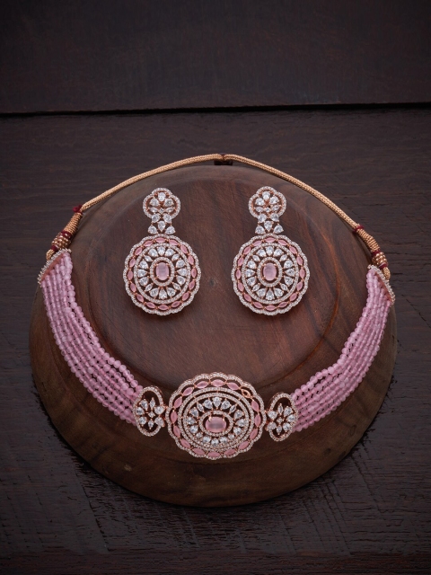

Kushal's Fashion Jewellery Rose Gold-Plated Pink Stone-Studded Choker Jewellery Set
