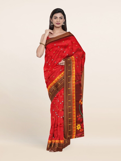 

Pothys Red & Yellow Floral Zari Saree