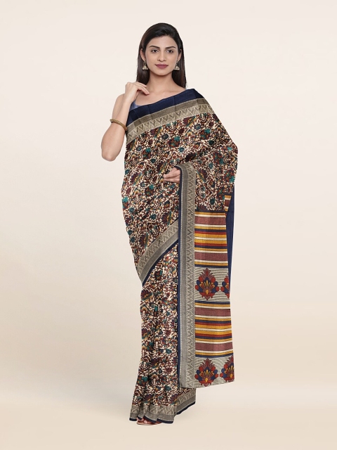 

Pothys Cream-Coloured & Blue Floral Saree