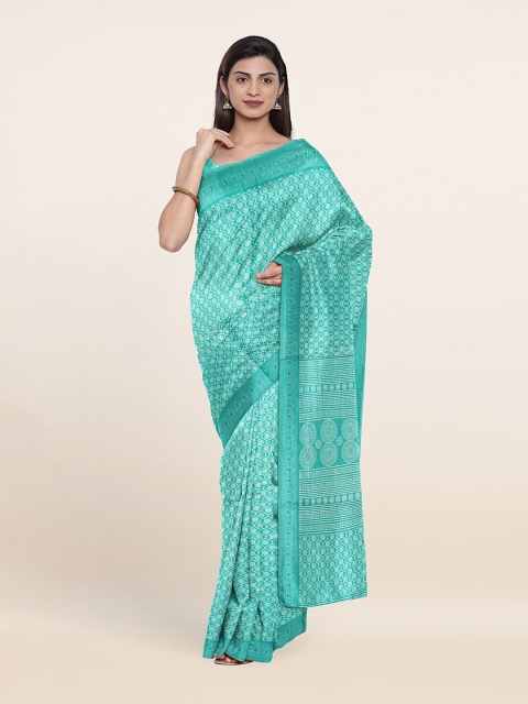 

Pothys Turquoise Blue & White Ethnic Motifs Printed Cotton Blend Saree