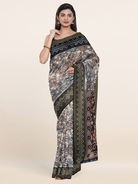 

Pothys Cream-Coloured & Grey Floral Printed Cotton Blend Saree