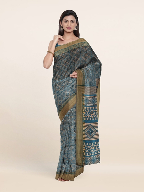 

Pothys Blue & Beige Zari Printed Cotton Saree