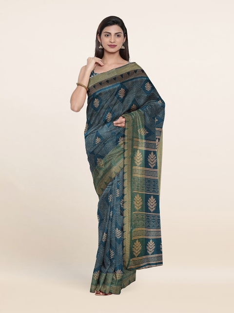 

Pothys Teal & Cream-Coloured Floral Printed Cotton Saree