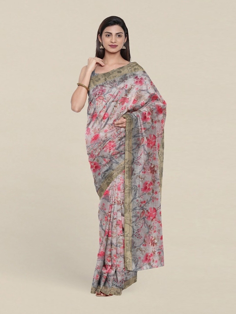 

Pothys Grey & Pink Floral Printed Zari Saree