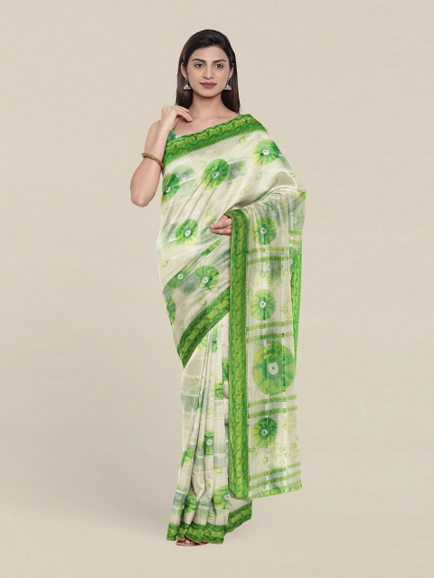 

Pothys Cream-Coloured & Green Bandhani Saree