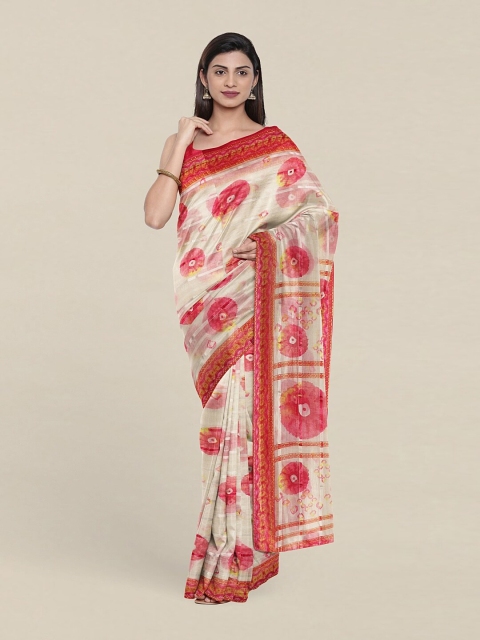 

Pothys Cream-Coloured & Pink Bandhani Saree