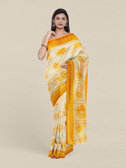 

Pothys Cream-Coloured & Yellow Bandhani Saree