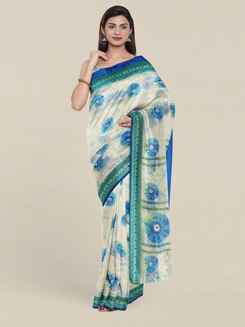 

Pothys Cream-Coloured & Blue Bandhani Saree