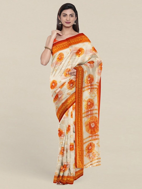 

Pothys Cream-Coloured & Orange Bandhani Saree