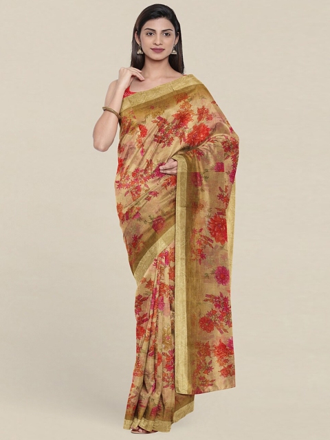 

Pothys Cream-Coloured & Pink Floral Printed Cotton Blend Saree