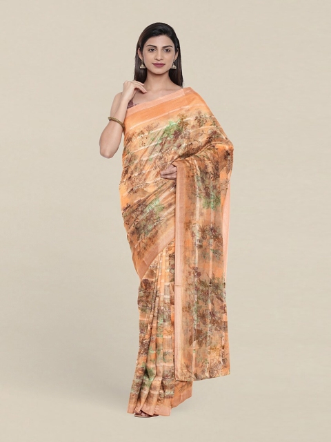 

Pothys Peach-Coloured & Green Floral Printed Cotton Blend Saree