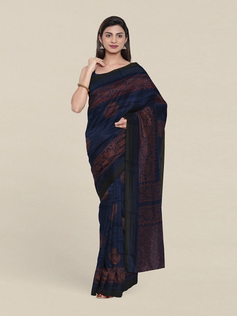 

Pothys Navy Blue & Copper-Toned Floral Zari Cotton Blend Saree